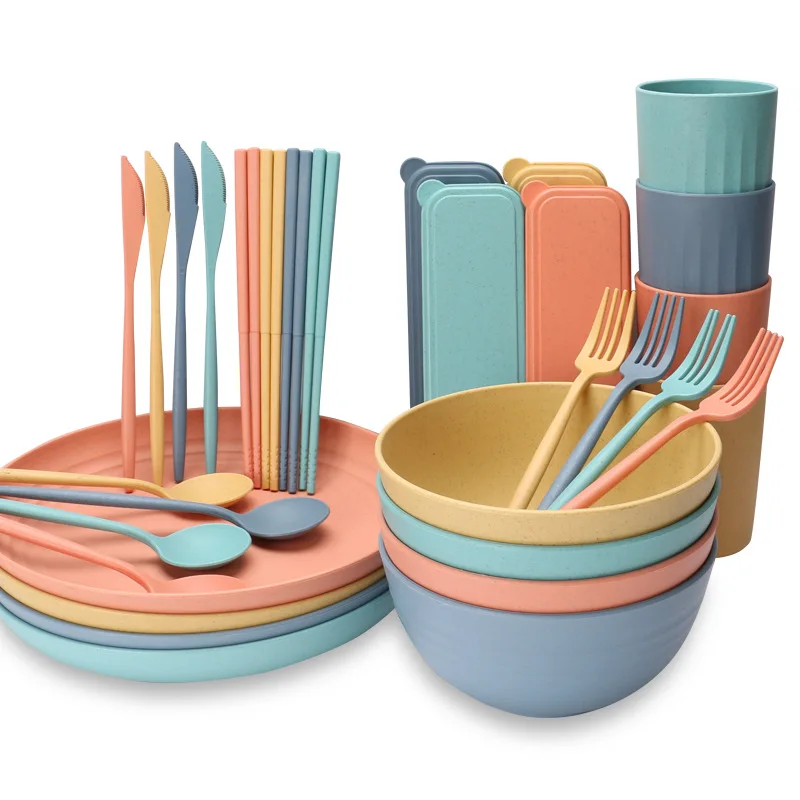 Kids Set 32 Pcs 4 8 Pieces Plastic Pp Dinner Portable Cut Sets Wheat Straw Dinnerware Sets Tableware