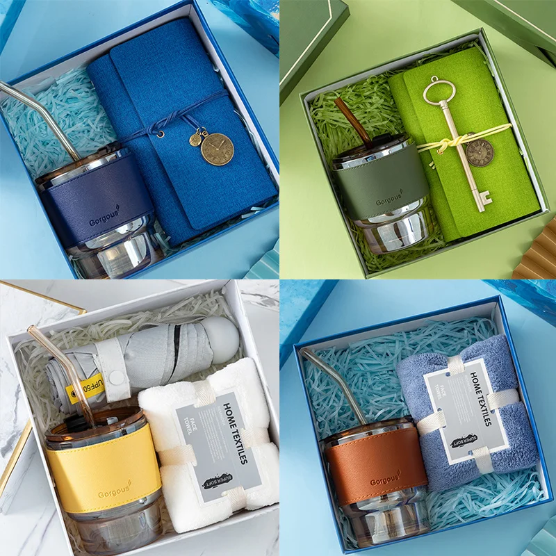 Nice Pink green blue yellow gift box for girl with glass cup and notebook umbrella sets 2022 gift ideas Best Wedding  Gifts