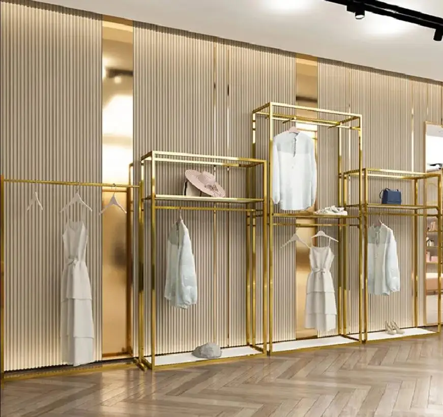 Boutique Store Design Nested End Table Set Clothes Rack Shop Fitting Gold Garment Rack Display Table