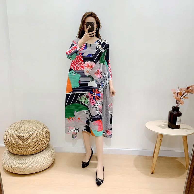 free size pleated african print a line dress 2021 new oversized O neck floral printed long loose causal dresses for woman