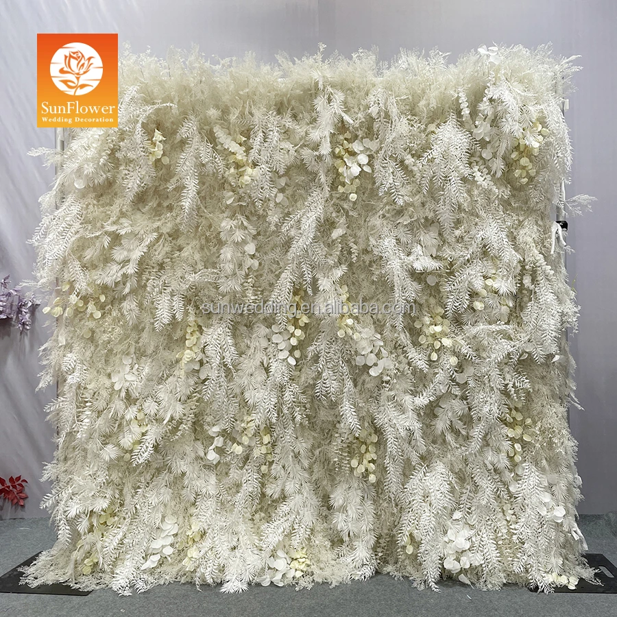 Sunwedding Customized Long Drapery Cream White 3D Hairy Feather Flower Wall With Butterfly Orchid Roll Up Floral Wall