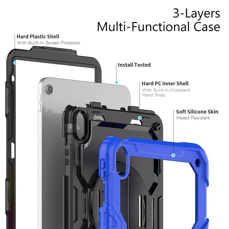 For iPad 10th Generation 10.9 inch 2022 silicone shockproof case with shoulder trap built in screen protector film rugged cover