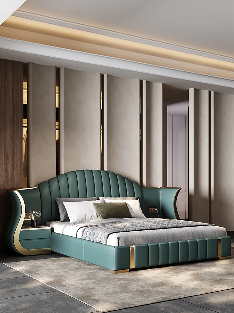 Italian Creative Exotic Orange Leather Bed Soft Modern King Size with Big Wooden Headboard Nightstand Unique Storage for Bedroom