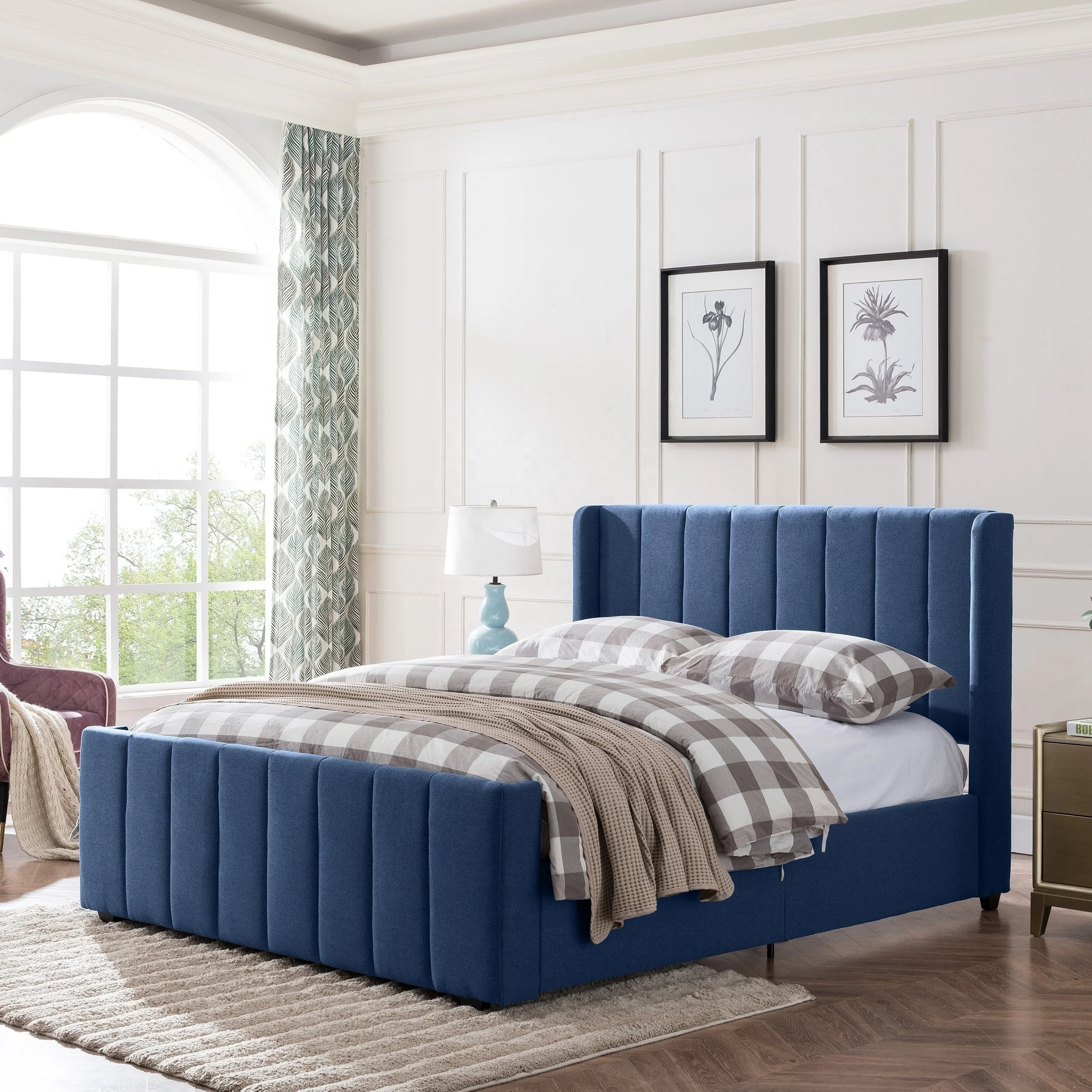 Nordic Bedroom Furniture Navy Blue Fabric Upholstered Queen-Size Bed Frame
