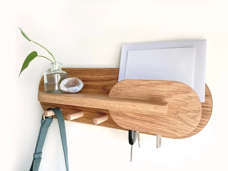 Customization Wooden Entryway Organizer Key Holder Wall Mount Coat Rack Mail Organizer wood key storage shelf and holder