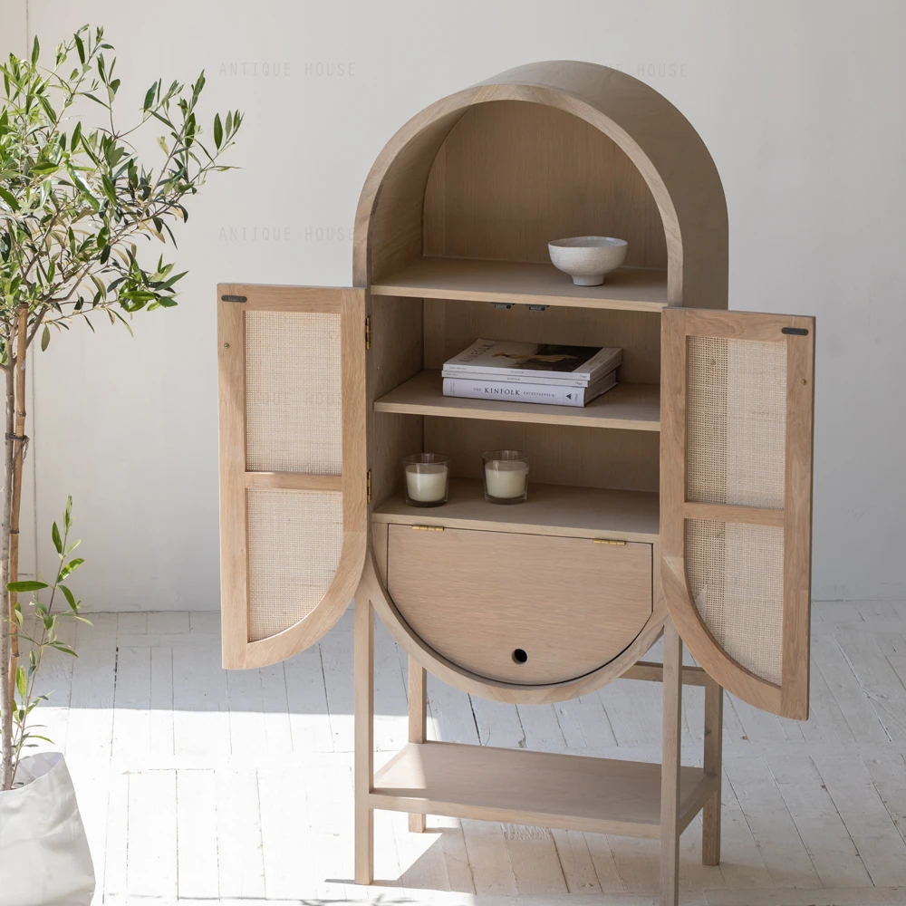 Natural boho organic rattan furniture multi-functional curved modern cabinet oak wooden rattan cabinet living room cabinets