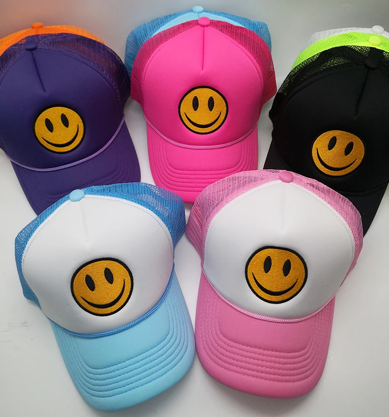 custom embroidery happy smile  trucker cap mesh  smiley face trucker hats