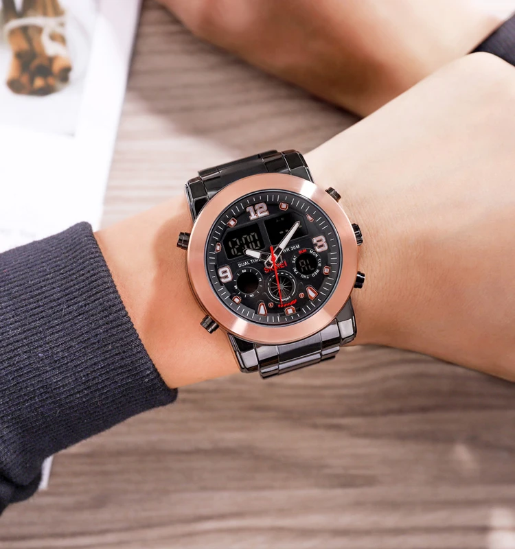 Skmei 1642 Three Times Men Big Dial Watch Analog and Digital Quartz Stainless Steel Watches