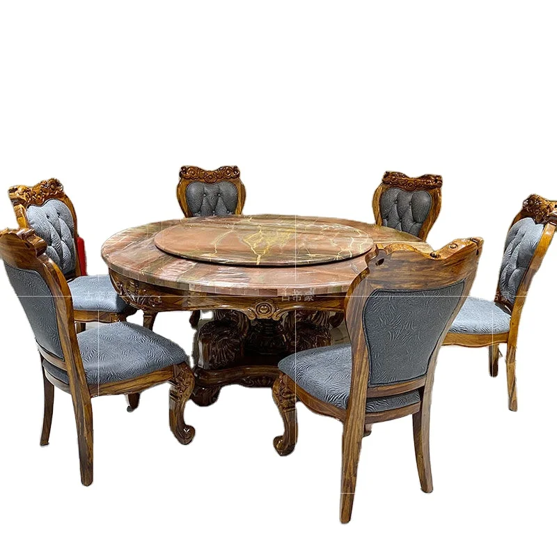 European dining table ebony wood solid wood dining table and chair set round marble dining table with rotating centre baroque