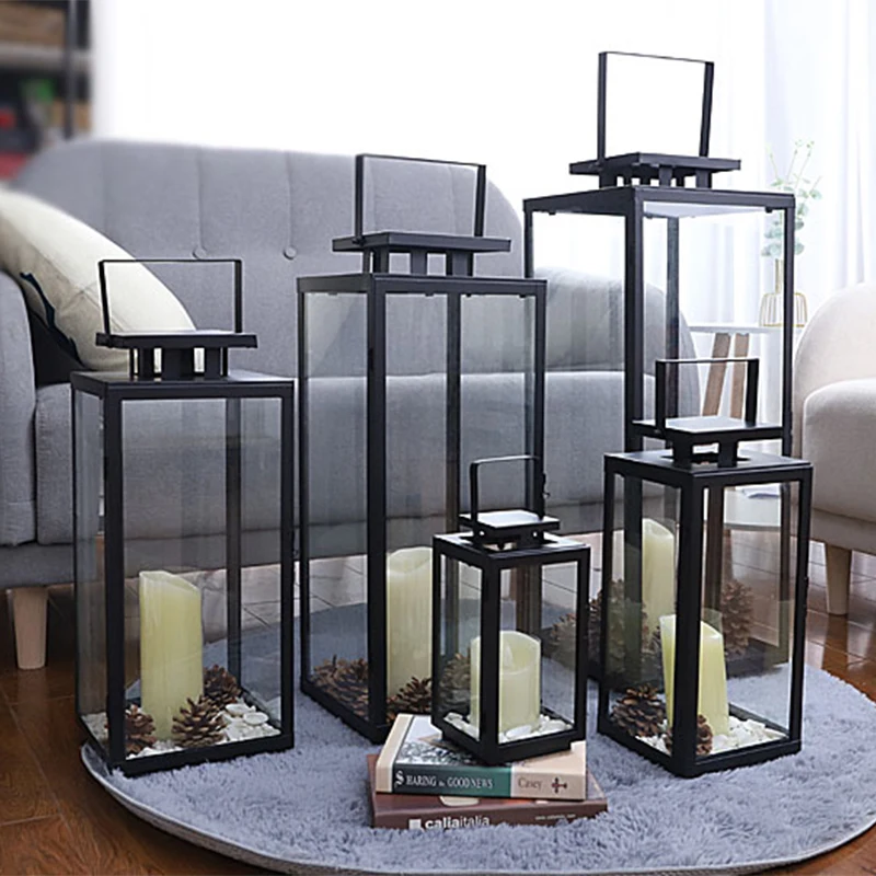 2022 Hot selling classic outdoor glass floor metal lantern garden decoration model candle holder ornaments iron wind lanterns