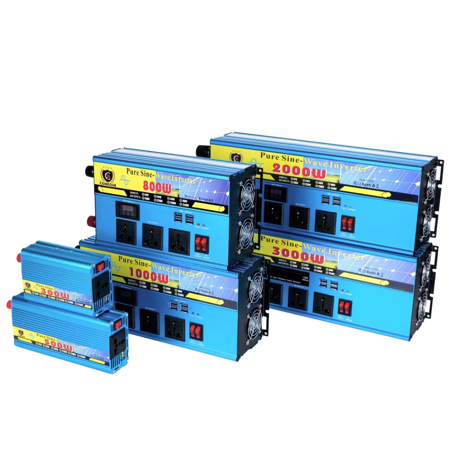 1000W Pure Sine Wave Inverter 12V 24V DC/AC 110V 220V Solar Inverter with 4 USB Ports 3 Sockets