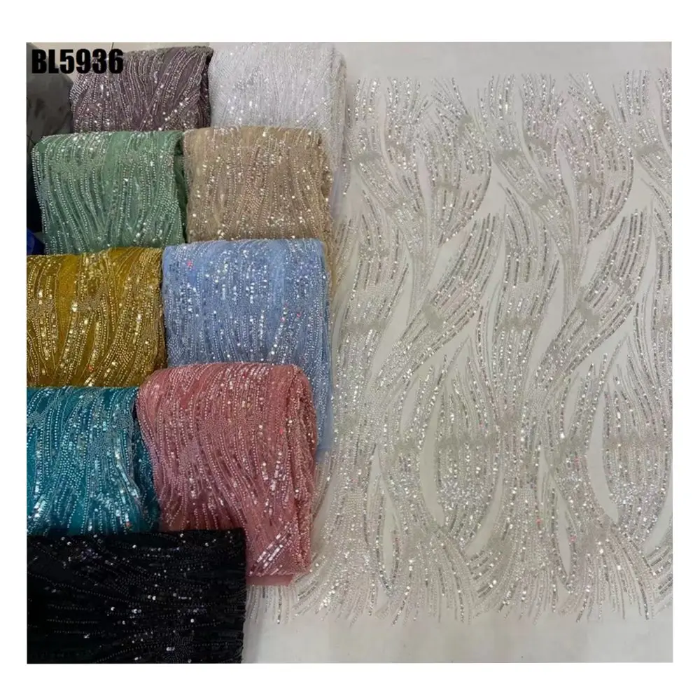 Luxury European Fashion Milan Wedding Dress Fabric Heavy Beads Sequins Mesh Lace French Embroidered Beaded Wedding Party Dress