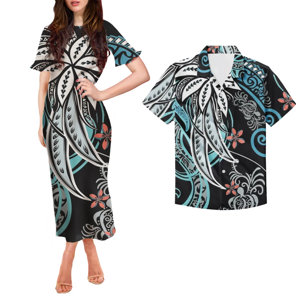 
High Quality Colorful Polynesian Tribal Print Women Short Sleeve Long Dress Matching Men Shirts Custom Charming Couple Outfits 