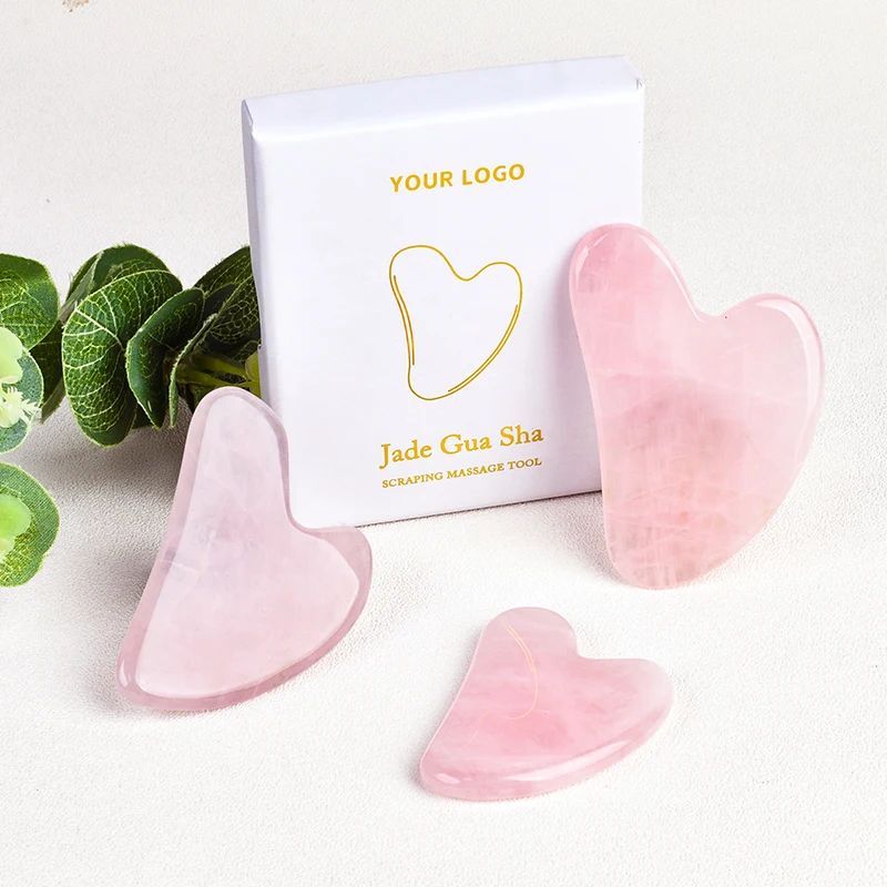100% Natural Rose Quartz Heart Shape Facial Mini Guasha Board Custom Logo Pink Crystal Jade Stone Face Massage Gua Sha Tool