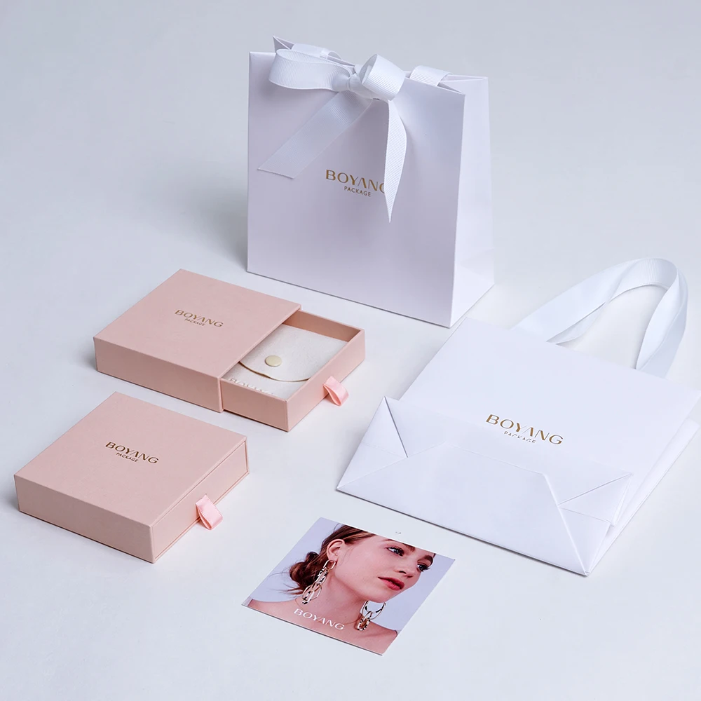 Boyang Custom Drawer Paper Pink Bracelet Necklace Ring Earring Jewelry Packaging Box Set