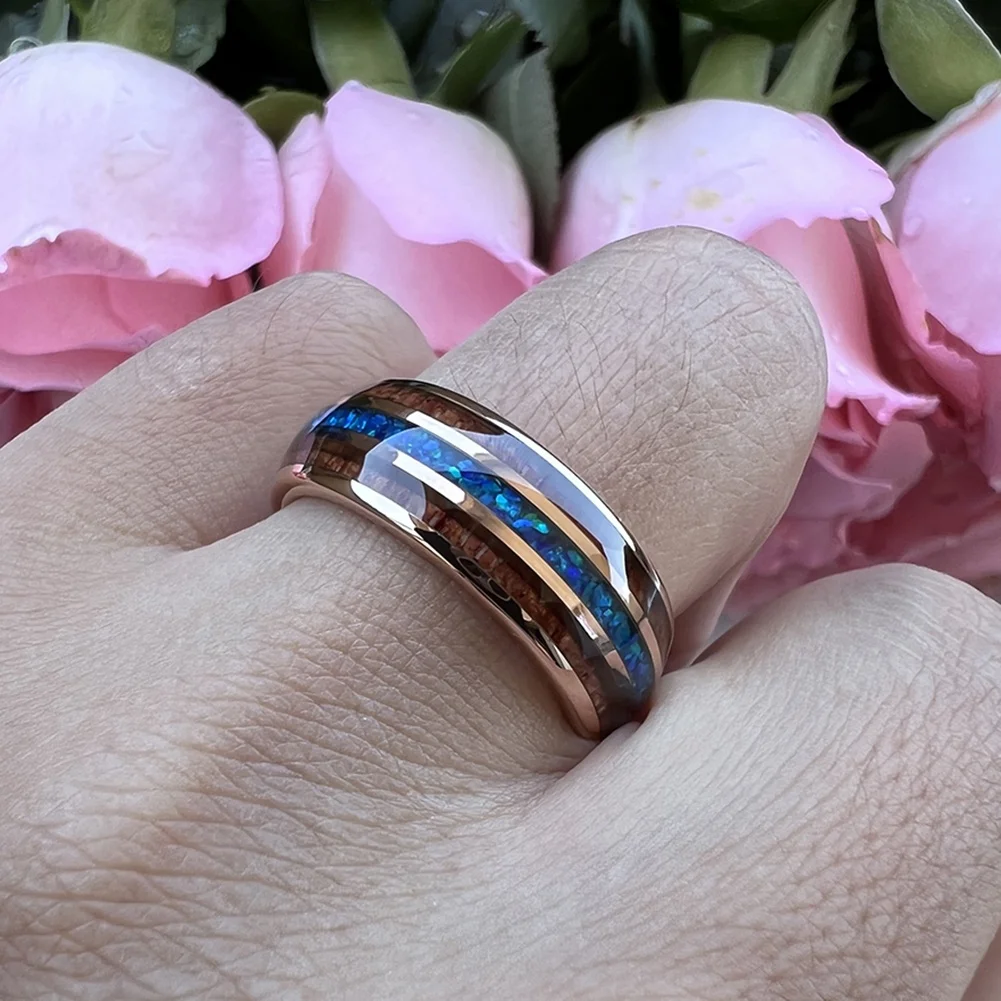 Coolstyle Jewelry 8mm Blue Opal Koa Wood Inlay Rose Gold Tungsten Carbide Ring for Men Women Fashion Wedding Band Comfort Fit