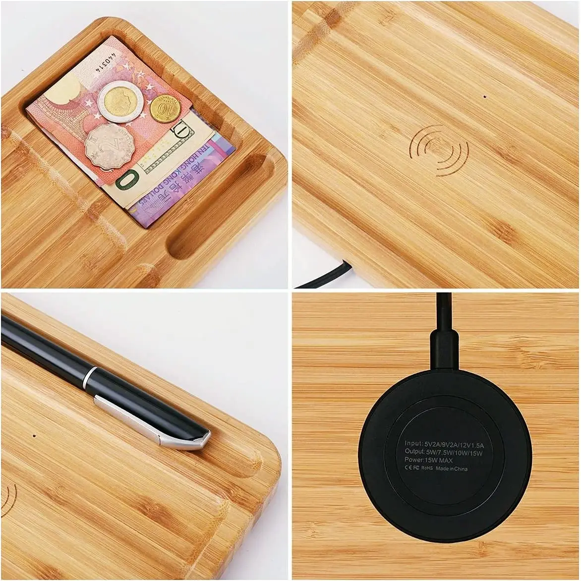 Bamboo Wireless Charger Stand Wireless Charging Station With Desk Organizer Docking Tray  With Desk Organizer
