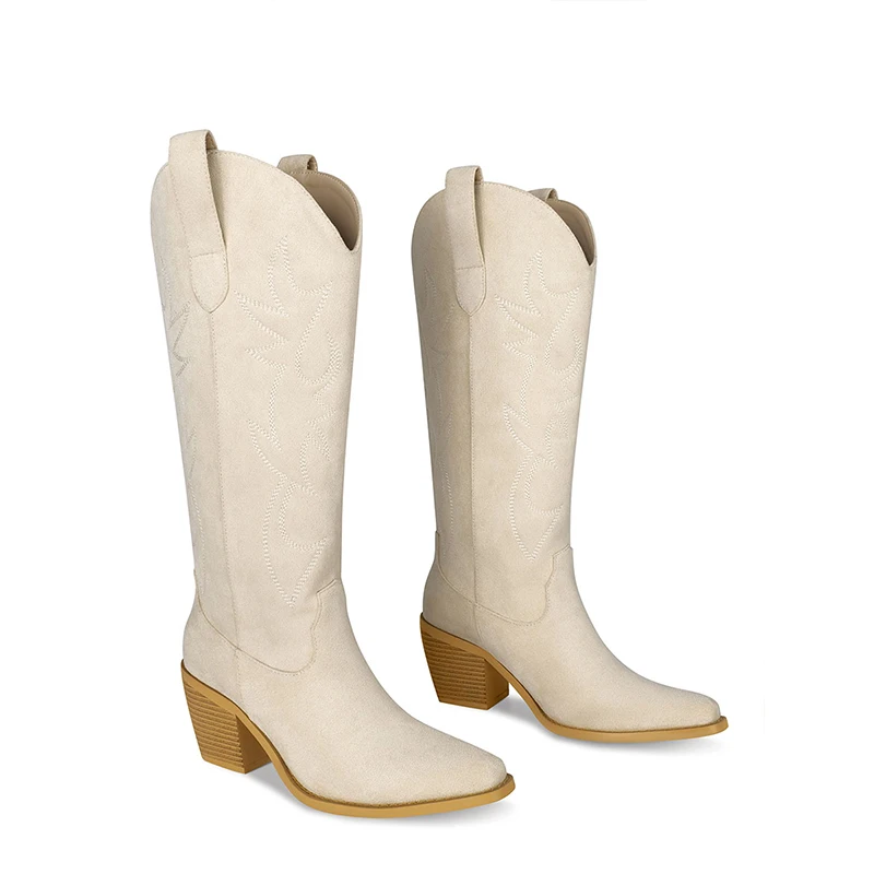 WETKISS Wholesale OEM Shoes High Chunky Heel Faux Suede Knee Boots Women Western Boots Embroidery Cowgirl Boots for All Season