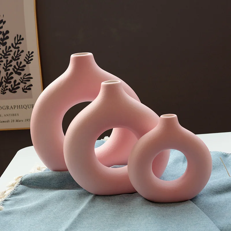 Ins Style Modern Ceramic Hollow Donut Vase Decor Chinese Style Glass Tabletop Flower Vase for Home Decoration