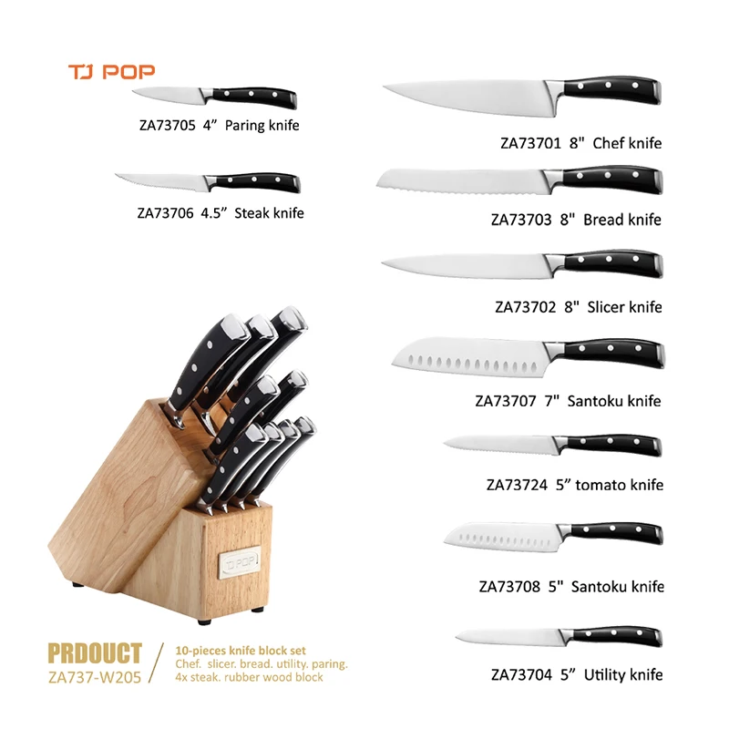 10 Pieces Stainless Steel Kitchen Knife Set with Block Wooden Chef Slicer Santoku Bread Utility Tomato Paring Steak Knife