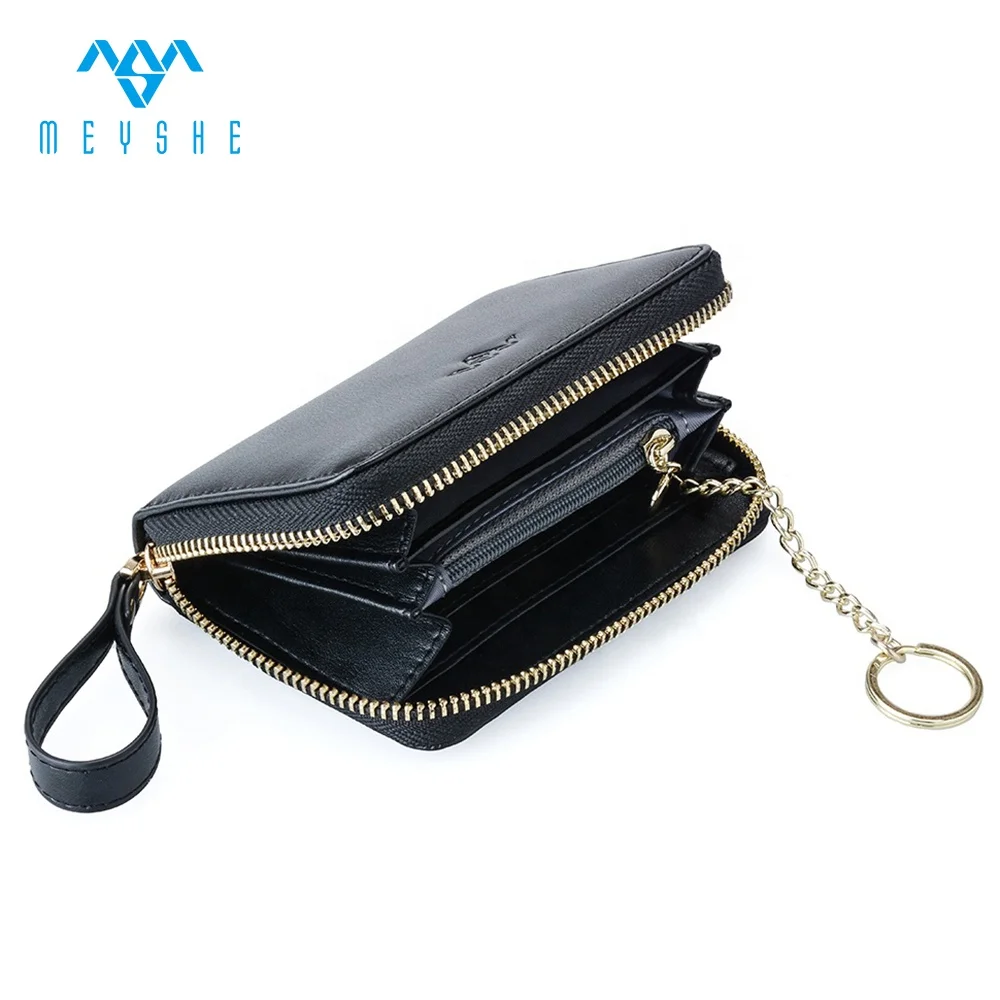 Black leather mini wallet purse student coin with metal