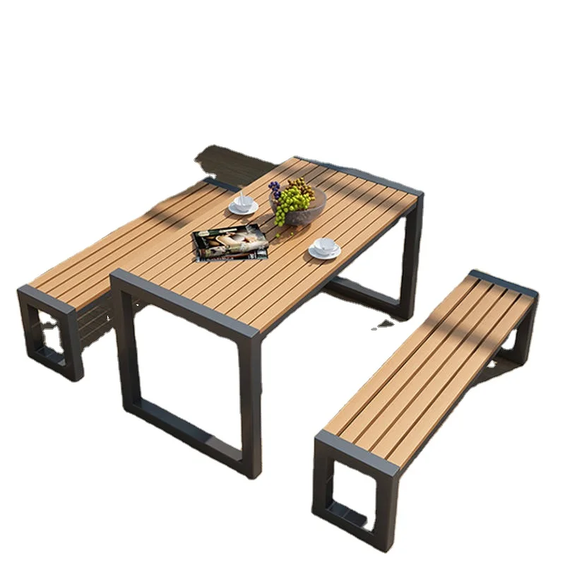 Outdoor Dining Set with Rectangular Metal Frame and Wood Like Tabletop Including 2 Chairs Bench Combining Plastic Wood Elements
