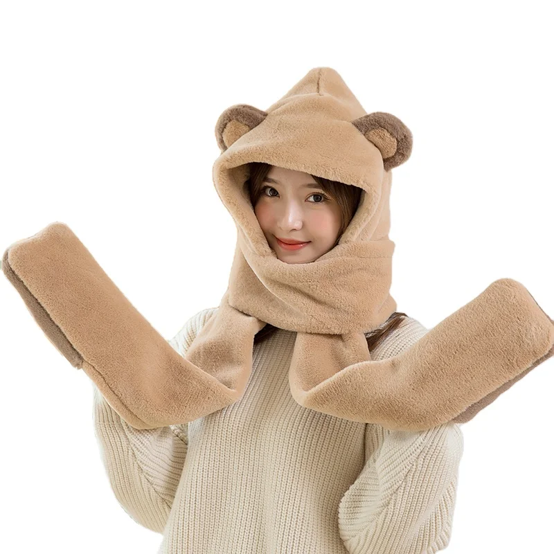 2021 new style Winter Plush  warm thick integrated hat scarf cartoon bear ear hat Cute Fashion Scarf