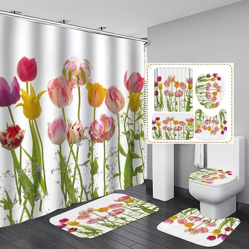 
4PCS Flower Shower Curtain Set with Carpet Bath Mat Modern Bathroom Curtains 