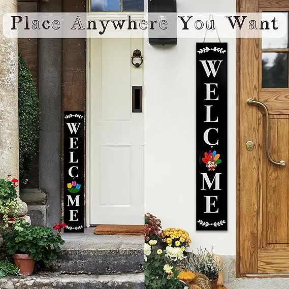 Welcome Sign for Front Porch Standing Interchangeable Wooden Sign with 5 Designed Double-Sided Icons for Front Door