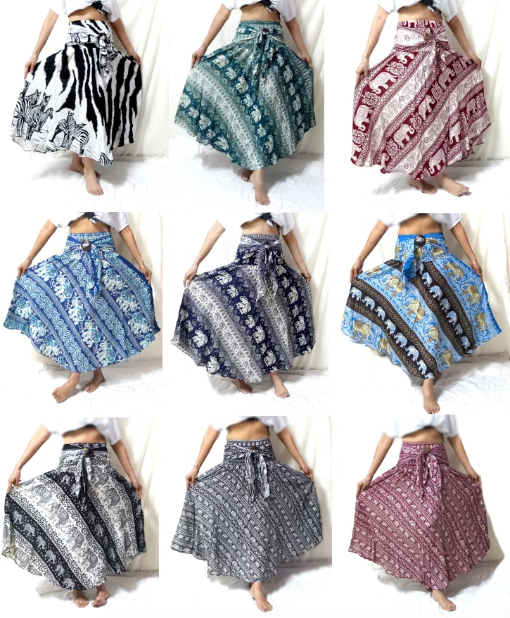 HIPPIE BOHO festival thai elephant print floral art beach multi-ware rayon maxi DRESS Kala wooden Belt Skirts