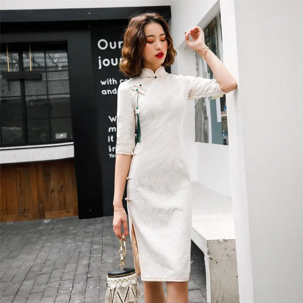 
wholesale half sleeve lace girls cheongsam qipao 