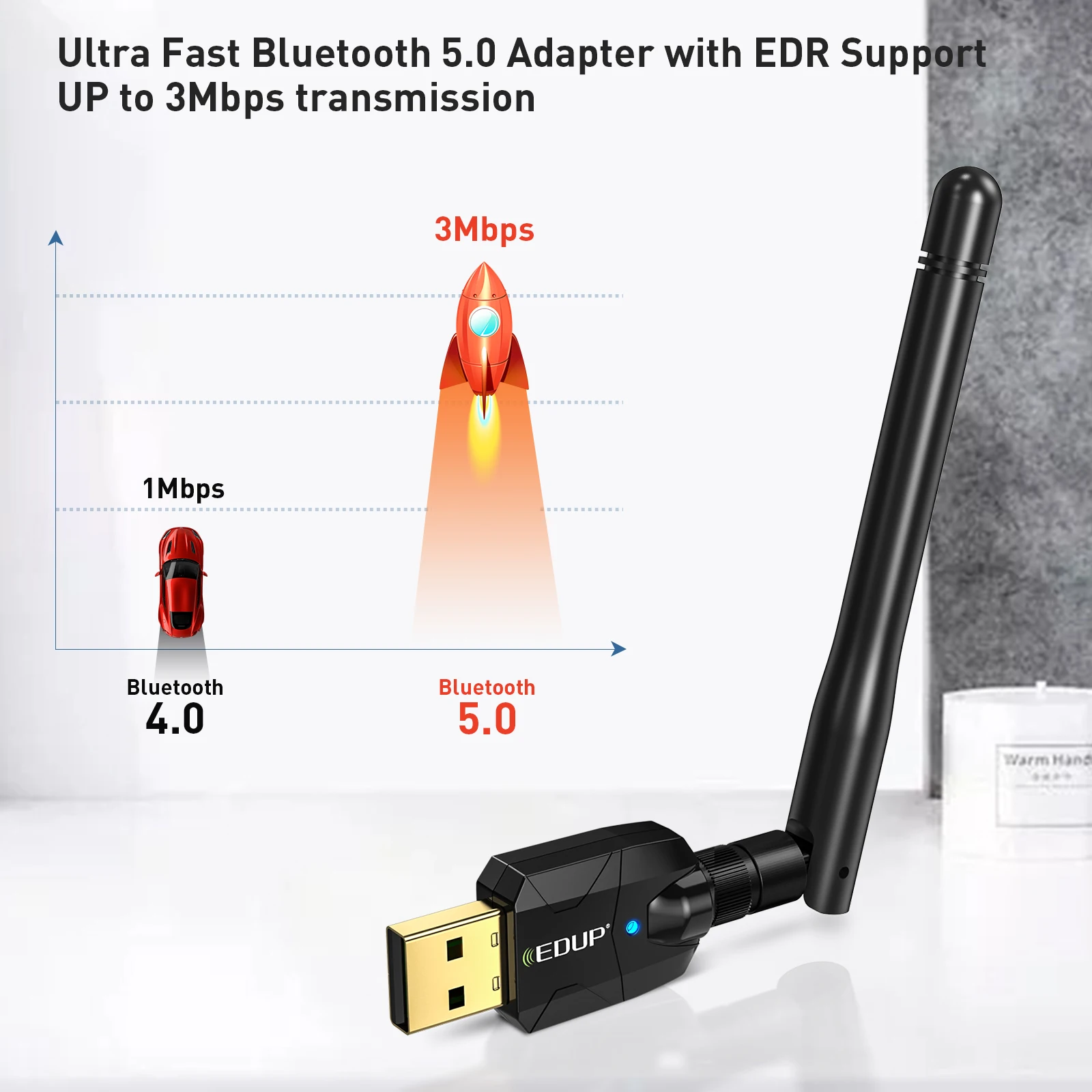 EDUP 100 Meters Long Range BLE BT True Bluetooth 5.1 USB Bluetooth Dongle for PC