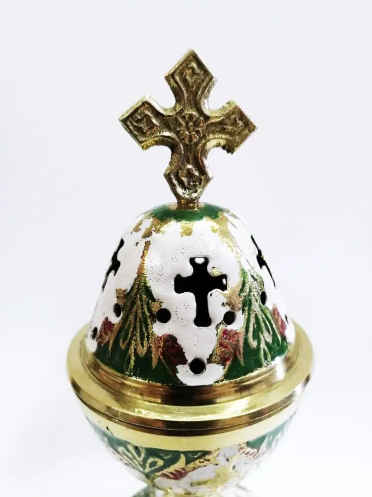 Gold White Green Handpaint Incense Burner - Perfume Burner Gold - Burner Censer - Censer Bronze