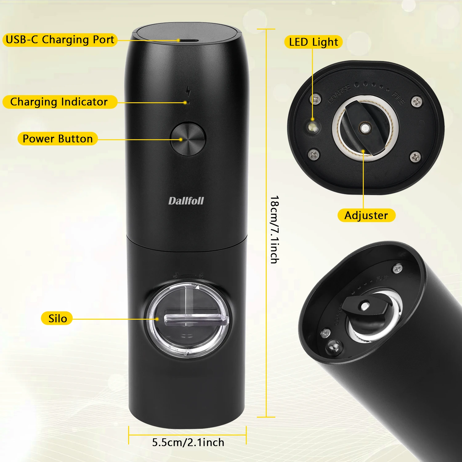 Dallfoll Electric Salt and Pepper Grinder with LED Light Rechargeable Salt Pepper Grinder with 5 Adjustable Grinding Coarseness