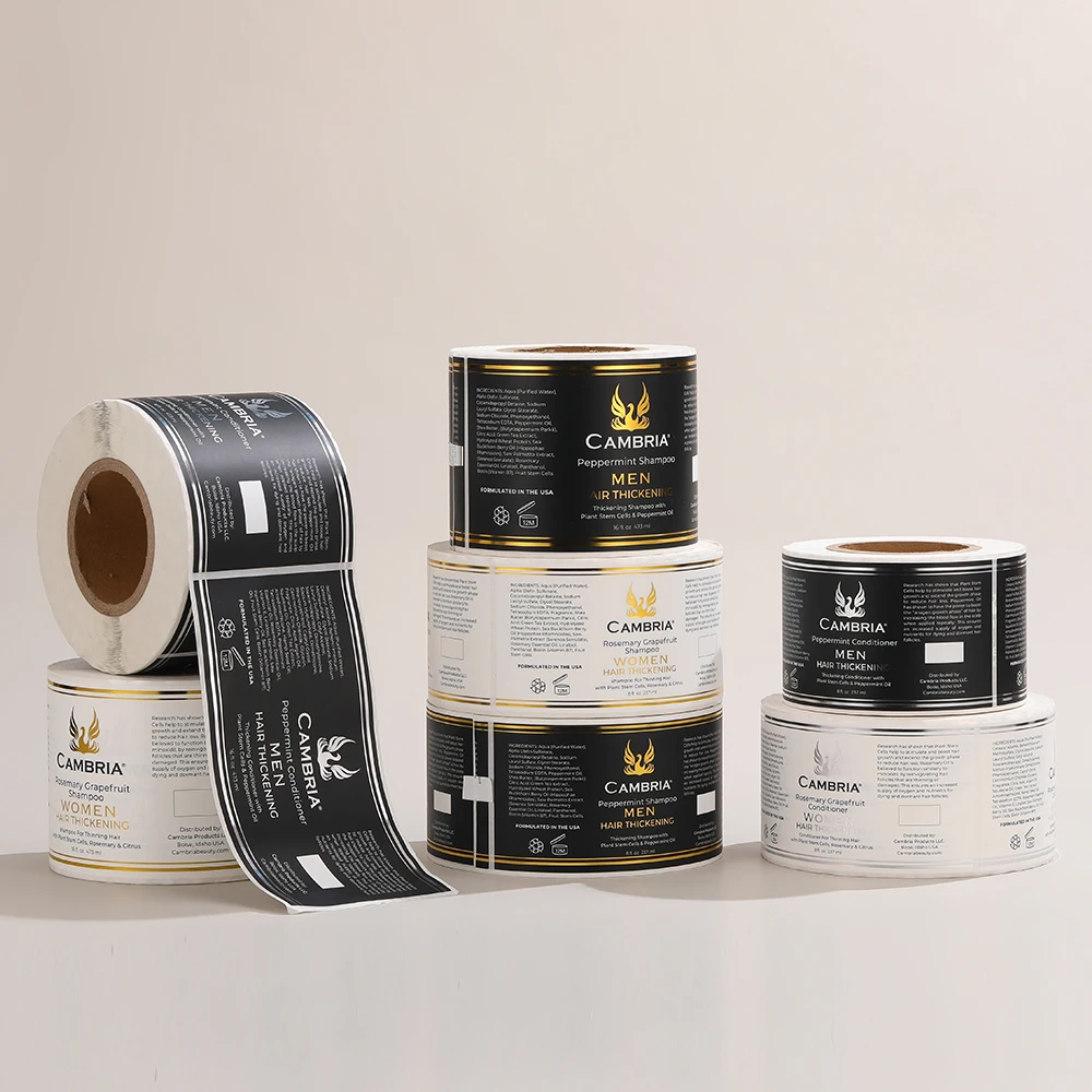 Custom Cosmetics Logo Printed Gold Foil Sticker Silver Foil Label Roll Adhesive Paper Waterproof Stickers For Shampoo Bottles