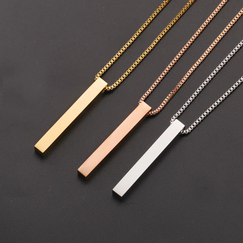 VKME Simple18K gold plated Column Titanium Stainless Steel  Engraved Name Square Pendant Necklace For Women Fashion Jewelry