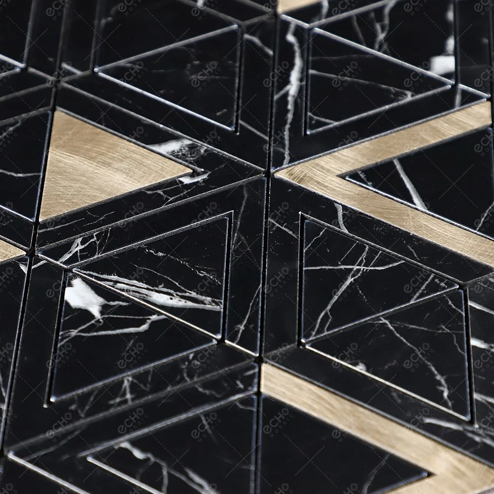 Waterjet Triangle Nero Marquina Black Marble Mixed Gold Aluminum Self Adhesive Mosaic Kitchen Backsplash Wall Tile