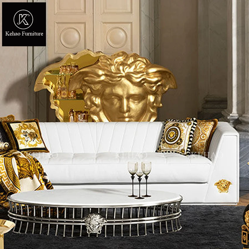royal golden Italy 2 seart home living room furniture sofa set leather couch 3 seater villa white dubai luxury medusa sofa