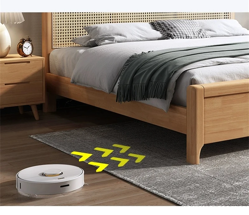 Nordic Solid Wood Rattan Simple French Japanese Style Bed Bed Room Furniture Hotel 1.8m Double Bed