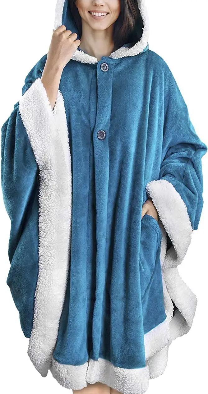 Wearable Blanket Poncho with Neck Warmer Hood Plush Poncho Sweater Large Blanket Cape Hoodie