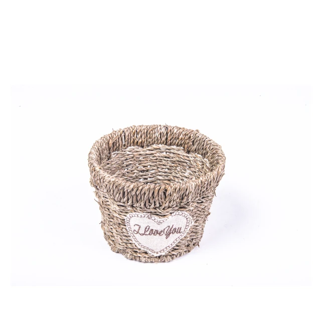 New design baby gift sweet rattan plastic basket with heart shape label woven storage basket handmade nature paper rope