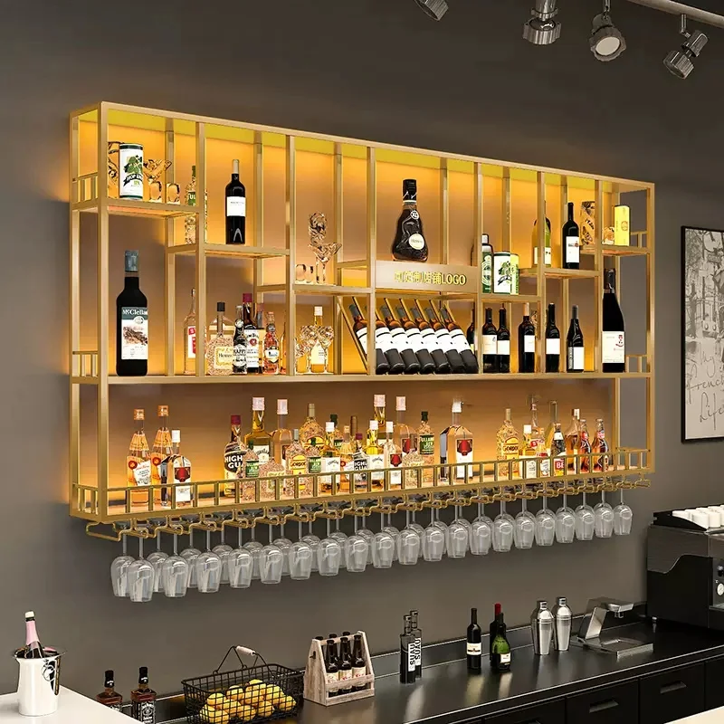 High Quality Metal Bar Cabinet Wall Mounted Wine Rack Customized Industrial Led Lights Pub Bar Wine Display Shelf