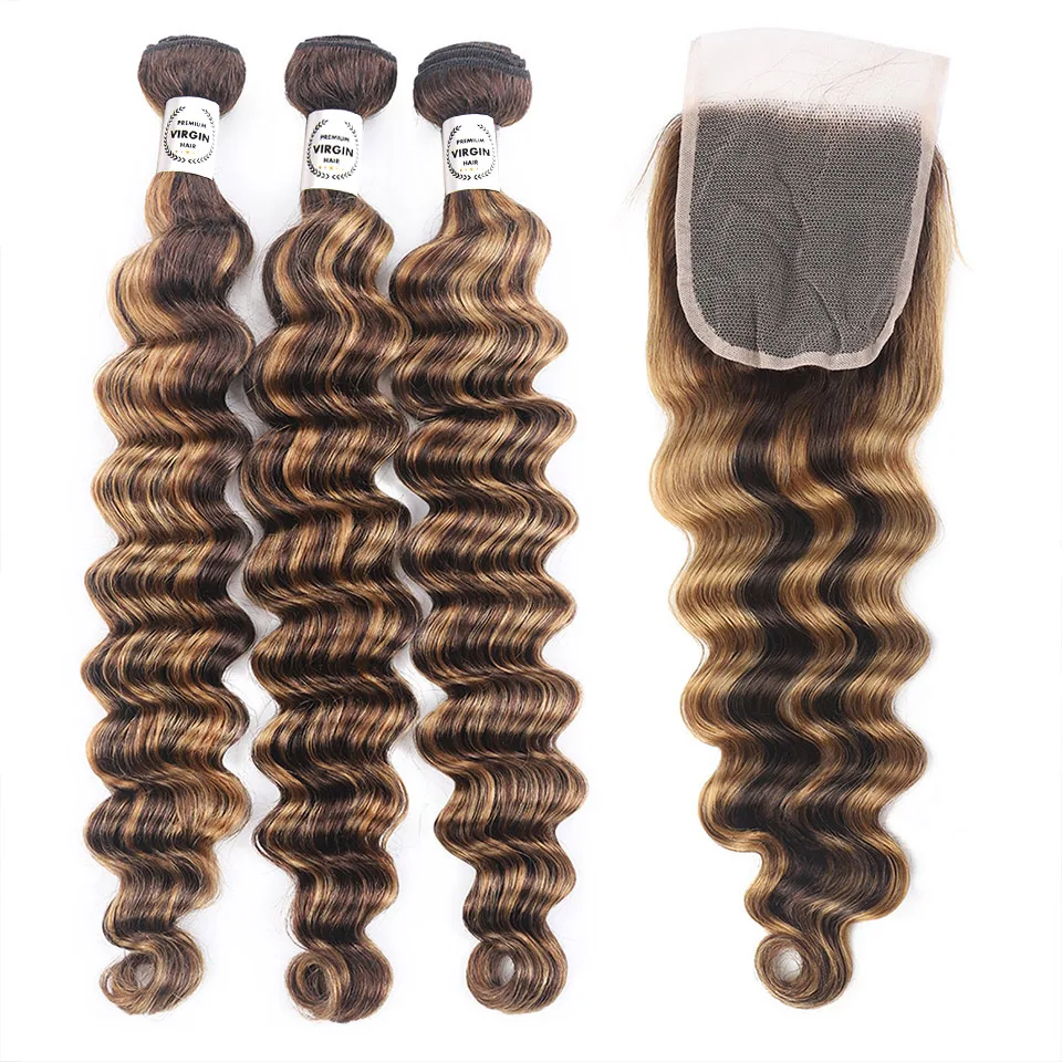 Eli Hair Highlight Bundles With Closure , Double Drawn Bone Straight Virgin Peruvian Woman Human Hair Bundles With Closure