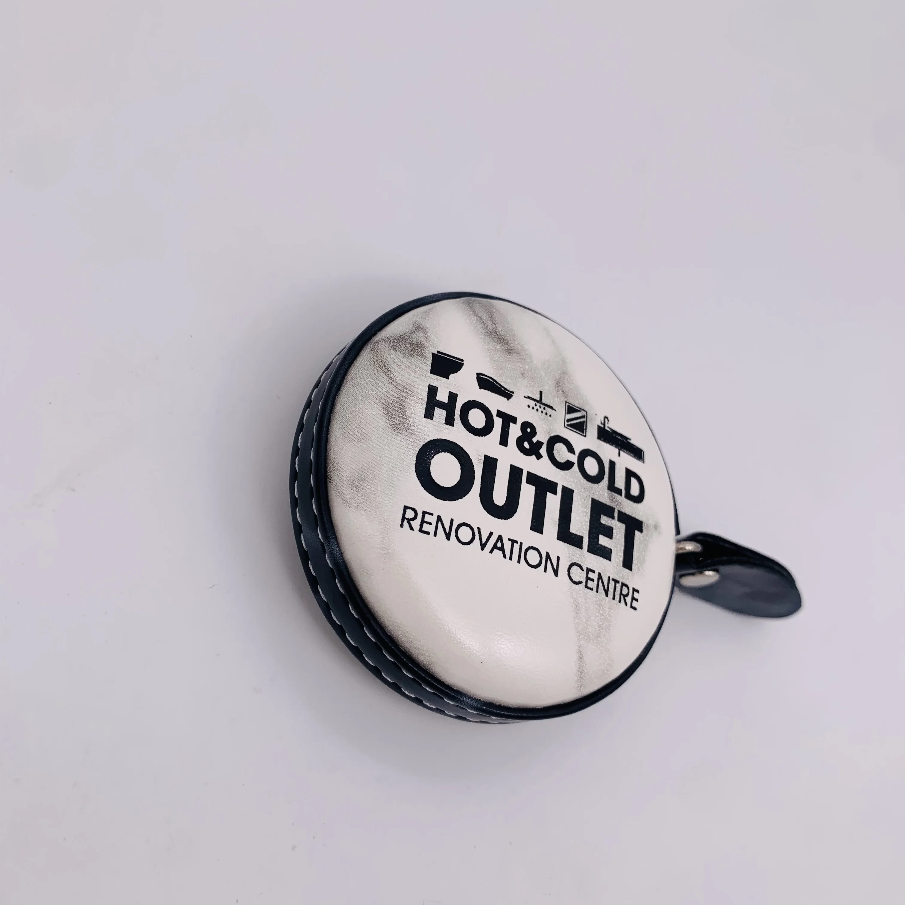 Custom cheap PU black leather measuring tape 1.5 meter with golden logo stamp