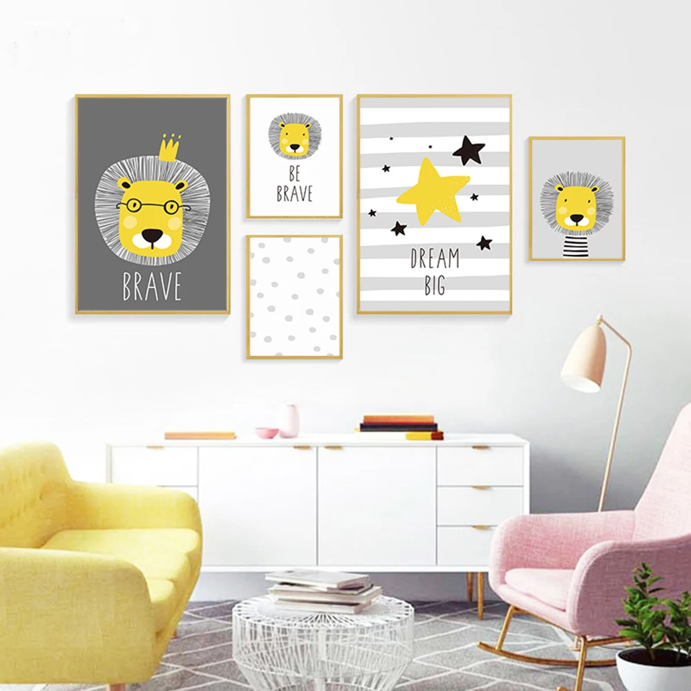 Lion Star Baby Nursery Wall Art Canvas Painting Be Brave Posters Prints Cartoon Children Picture Nordic Kids Baby Room Decor
