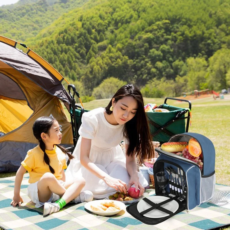 Polyester Foldable 2 Person Sunny Life Picnic Backpack Set Camping Wine Insulated Cooler Picnic Bag