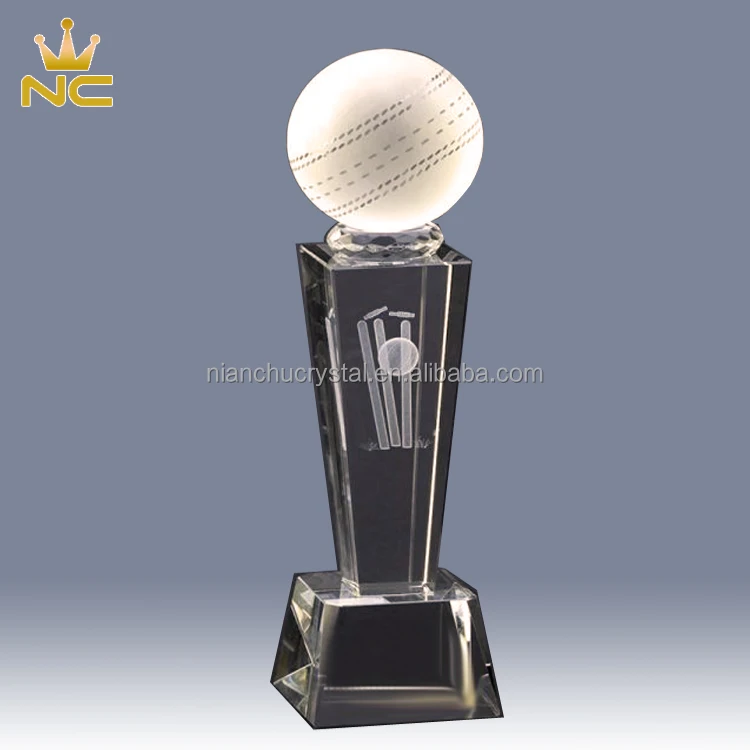 Cheap Pujiang Laser Engraving Cricket K9 Crystal Ball Trophy For Cricket Match