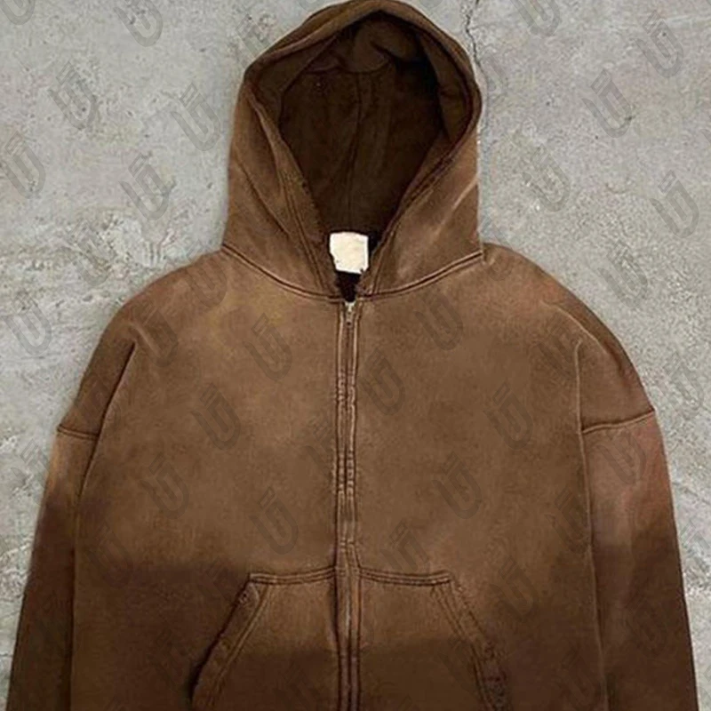 Custom logo Sweatpants and Hoodie Sets Wholesale High Quality Zip up Acid Washed Men Fashionable Hoodie Tracksuit