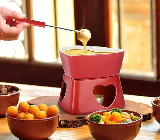 Butter Warmer Fondue Set Custom Ceramic Chocolate Warmer Cup Cheese Fondue Red Heart Shaped Fondue Pot with 4 Forks