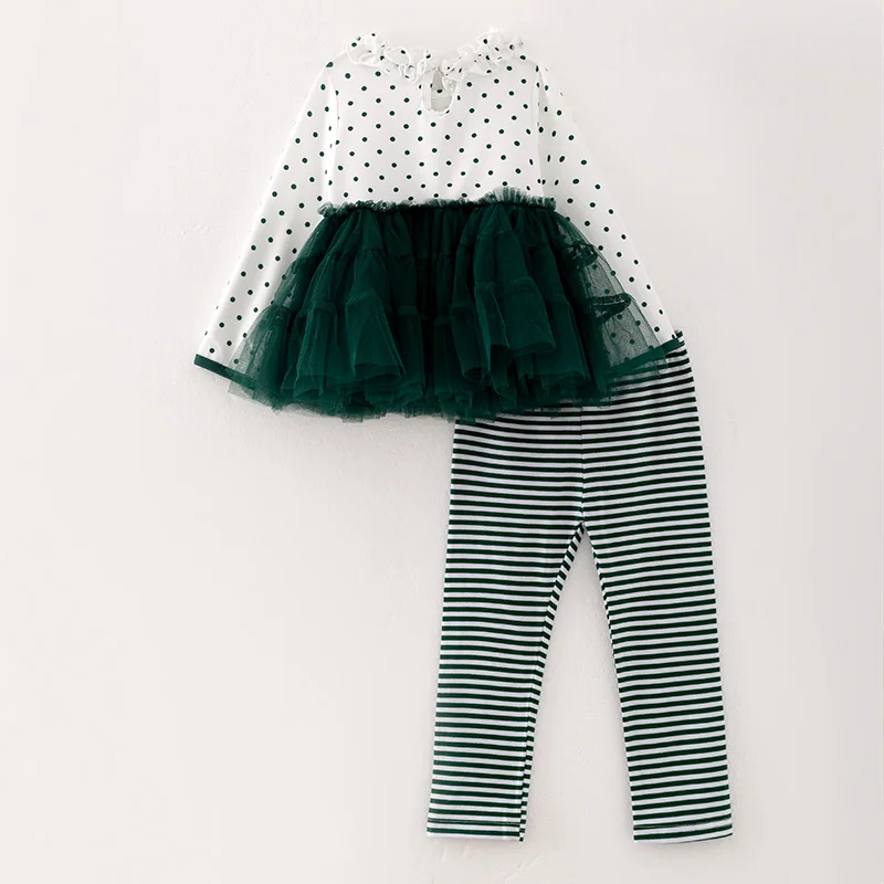 In Stock Kids Toddler Baby Girl Winter Christmas Santa Claus Embroidered Gauzy Peplum Green Striped Pants Set Outfit